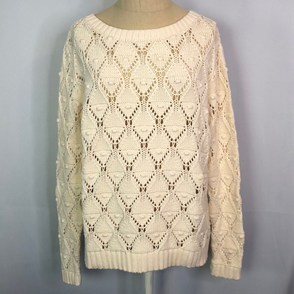 Tommy Hilfiger Womens Pullover Sweater Beige Diamond Chunky Loose Knit Ribbed S